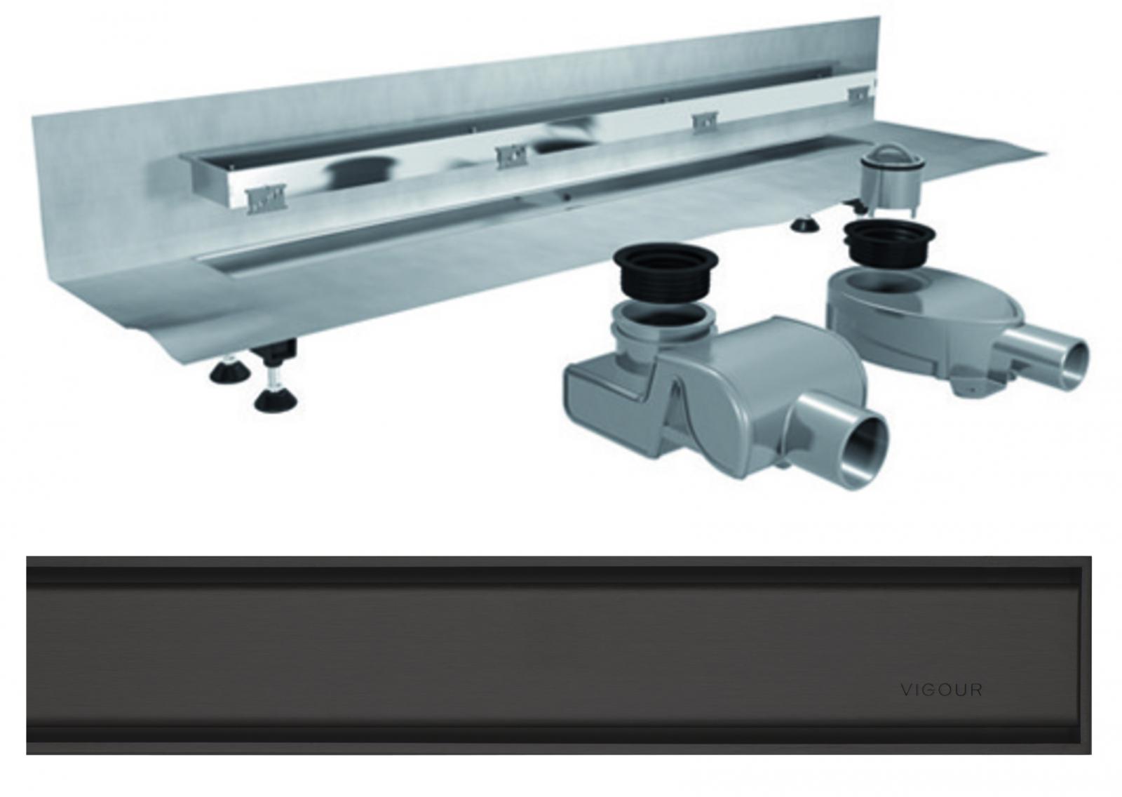 VIGOUR Duschrinne individual 3.0 Edelstahl 800 mm Wand, Abdeckung matt schwarz, Füße und Siphons - Bild 1