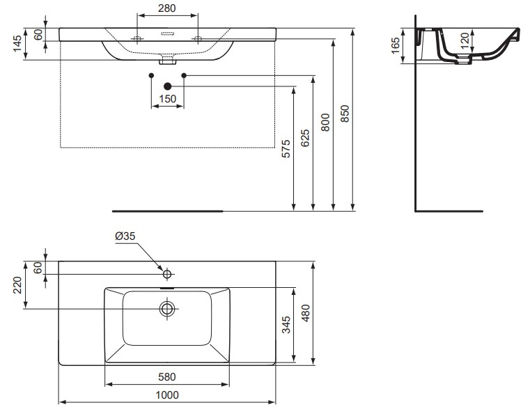 VIGOUR Möbelwaschtisch derby V3 100x48cm PflegetectPlus weiss mit Hahnloch und Überlauf