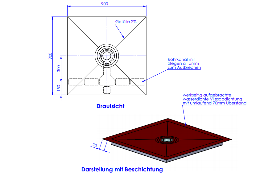 VIGOUR Duschelement individual 2.0, 90x 90cm extraflach Ablauf mittig rollstuhlbefahrbar - Bild 2