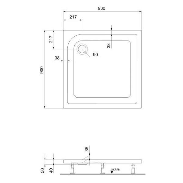 Duschwanne 90x90x3,5 cm quadratisch superflach aus Sanitär-Acryl weiß - Bild 2