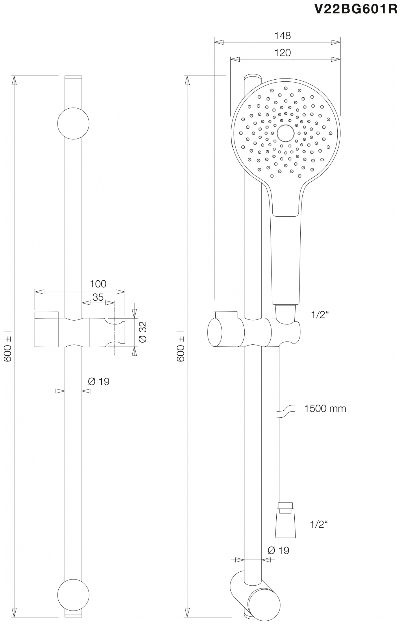 VIGOUR Brausegarnitur individual 2.2 mit Stange 60cm Schlauch, Handbrause rund verchromt - Bild 2