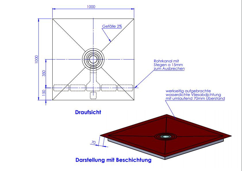 VIGOUR Duschelement individual 2.0, 100x100cm extraflach Ablauf mittig rollstuhlbefahrbar - Bild 2