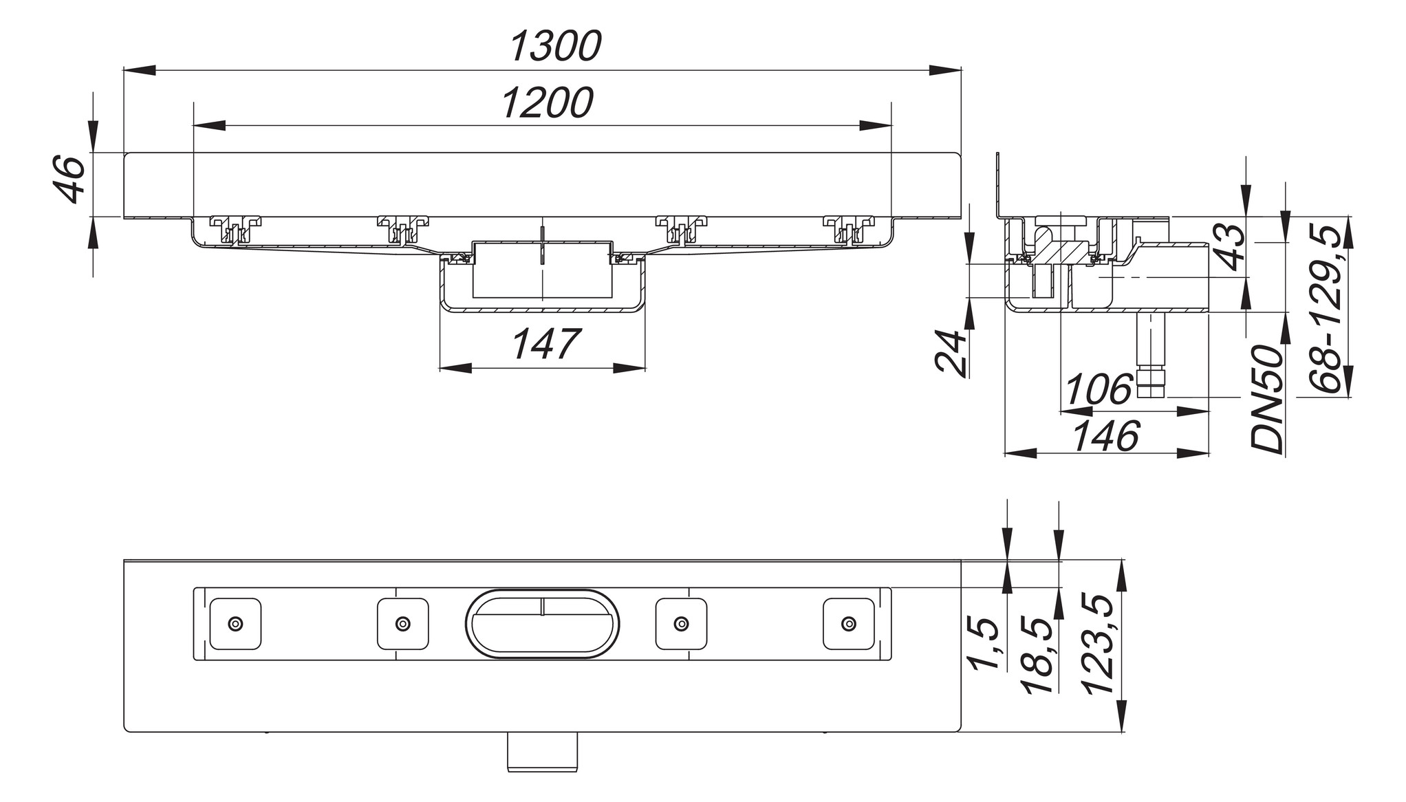 DALLMER Duschrinne CeraLine Nano W 1200 mm BH 68 mm mit 1 Ablaufgehäuse, Wand 523396 - Bild 2