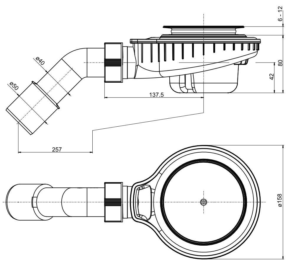 TRINNITY Ablaufgarnitur Rohbauset mit Sifon BH80mm für flache Duschwanne mit 90mm Ablaufloch