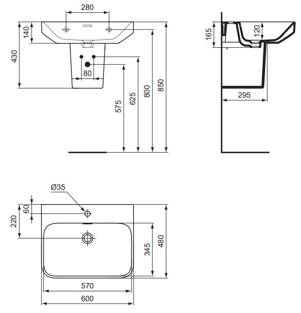 VIGOUR Waschtisch derby V3 60x48cm PflegetectPlus weiss mit Hahnloch und Überlauf