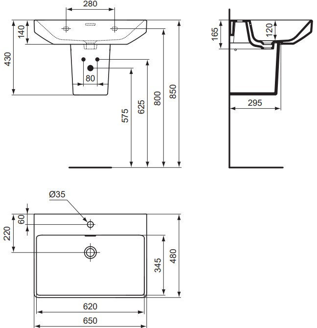 VIGOUR Waschtisch derby V3 edge 65x48cm PflegetectPlus weiss mit Hahnloch und Überlauf