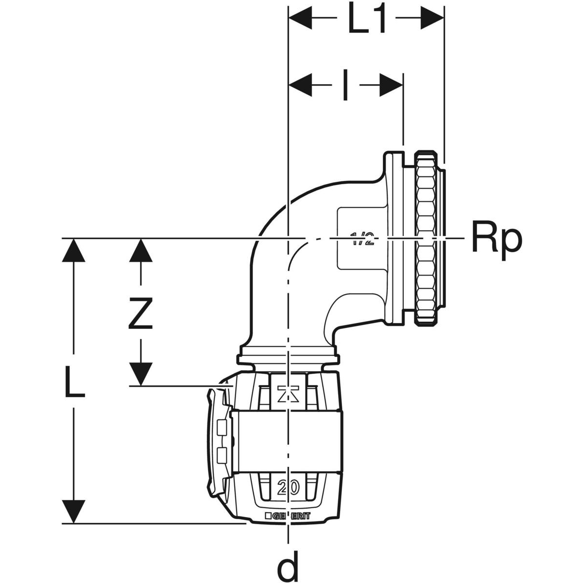 Geberit FlowFit Anschlusswinkel 90 Grad für UP-Spülkasten 16mm x Rp 1/2'' Rotguss+ 620.890.00.1 - Bild 2