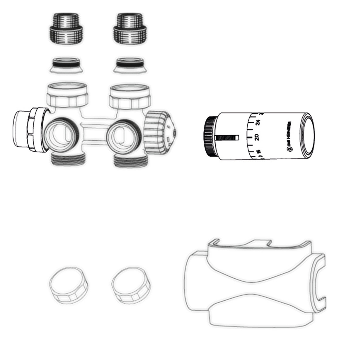 Heimeier Ventil Multilux 4-Set Halo Zweirohr- und Einrohr, Durchgang/Eck, weiß 9690-42.800 - Bild 2