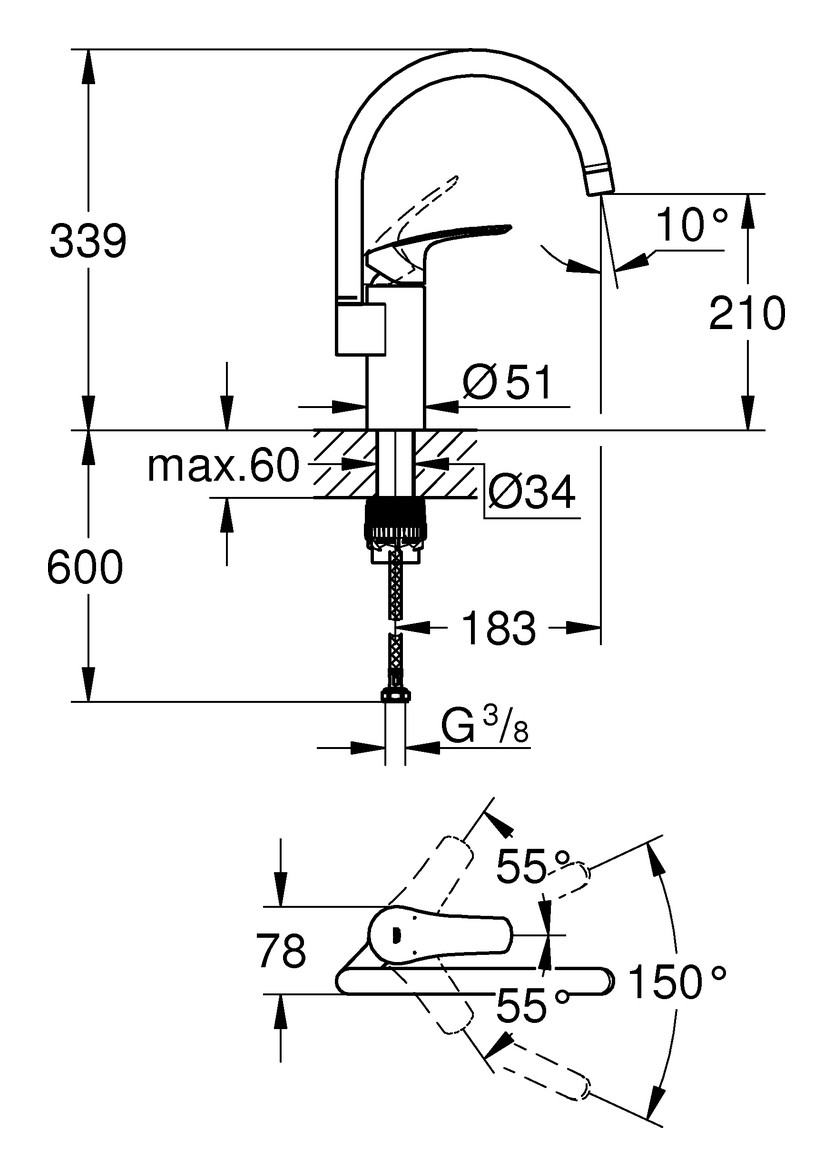 GROHE Spültischbatterie Eurosmart hoher Auslauf chrom 33202003 - Bild 3