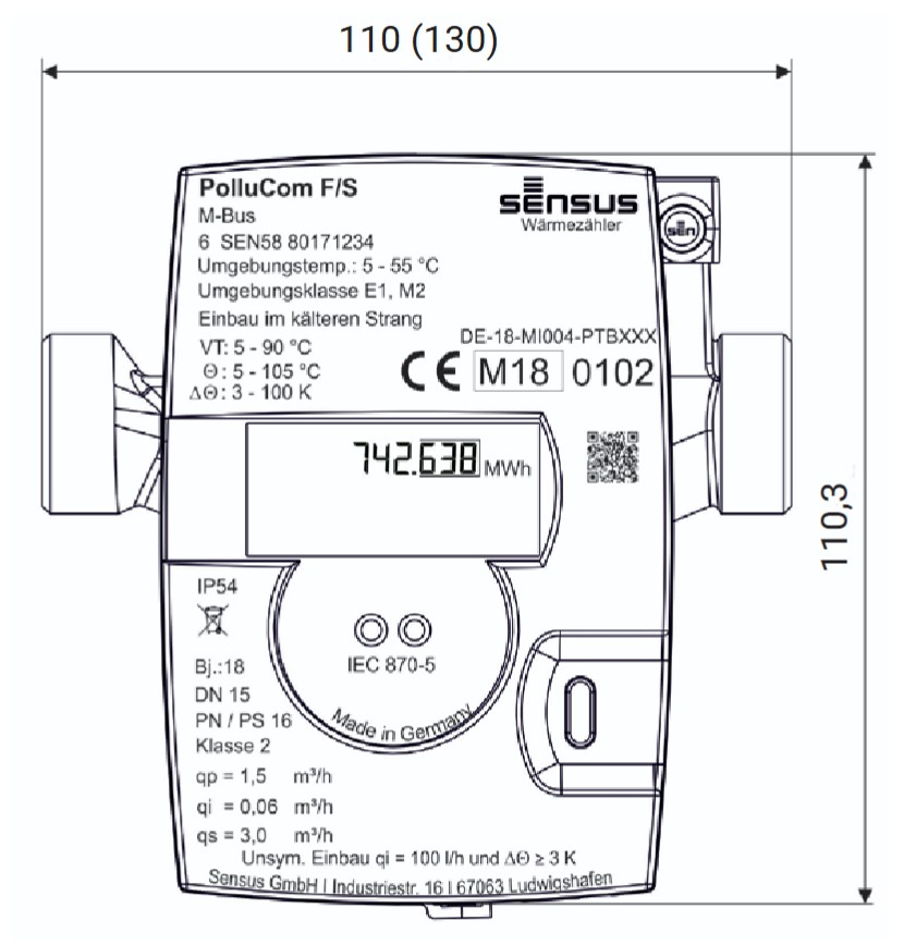 Sensus Wärmezähler PolluCom F Qp 0,6 m3/h M-Bus AG 3/4'' BL=110mm 45/5,2 (Eichjahr 2026)
