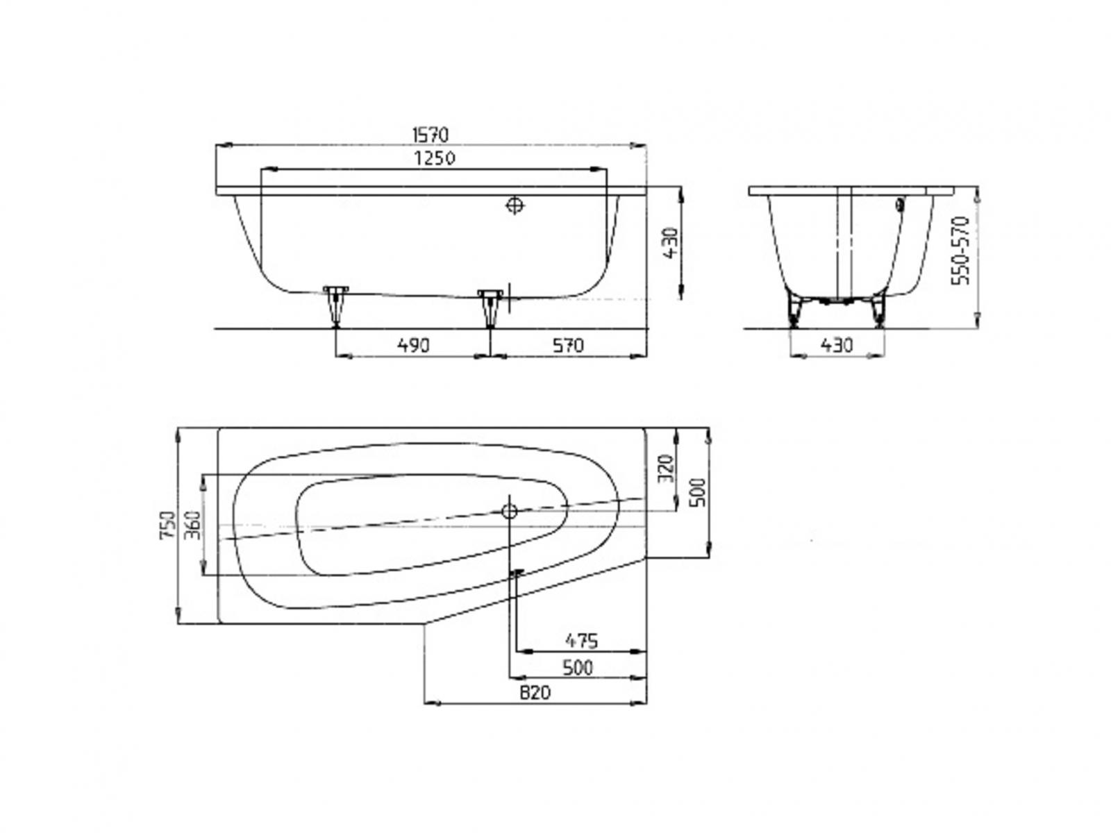 Kaldewei Raumsparwanne Mini 157x75 cm rechts Modell 830 Stahl-Email weiss inklusive Träger - Bild 4