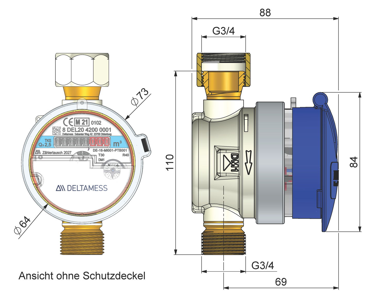 Deltamess Zapfhahnwasserzähler TKS T90 kalt/warm smart M Q3 2,5 cbm 3/4''AGx110mm (Eichjahr 2025) - Bild 5