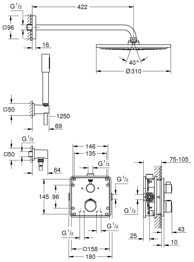 GROHE UP-Duschsystem Grohtherm mit FMS eckig/SmartBox/Kopfbrause/Brauseset chrom 34730000 - Bild 2