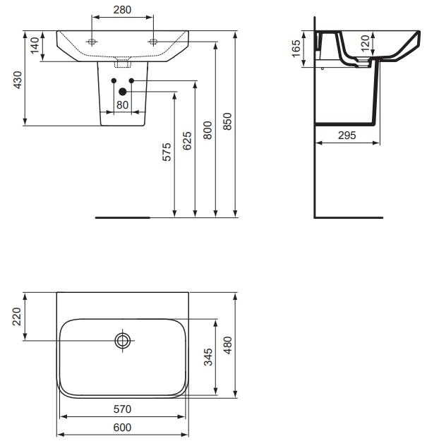 VIGOUR Waschtisch derby V3 plus 60x48cm PflegetectPlus weiss ohne Hahnloch, ohne Überlauf