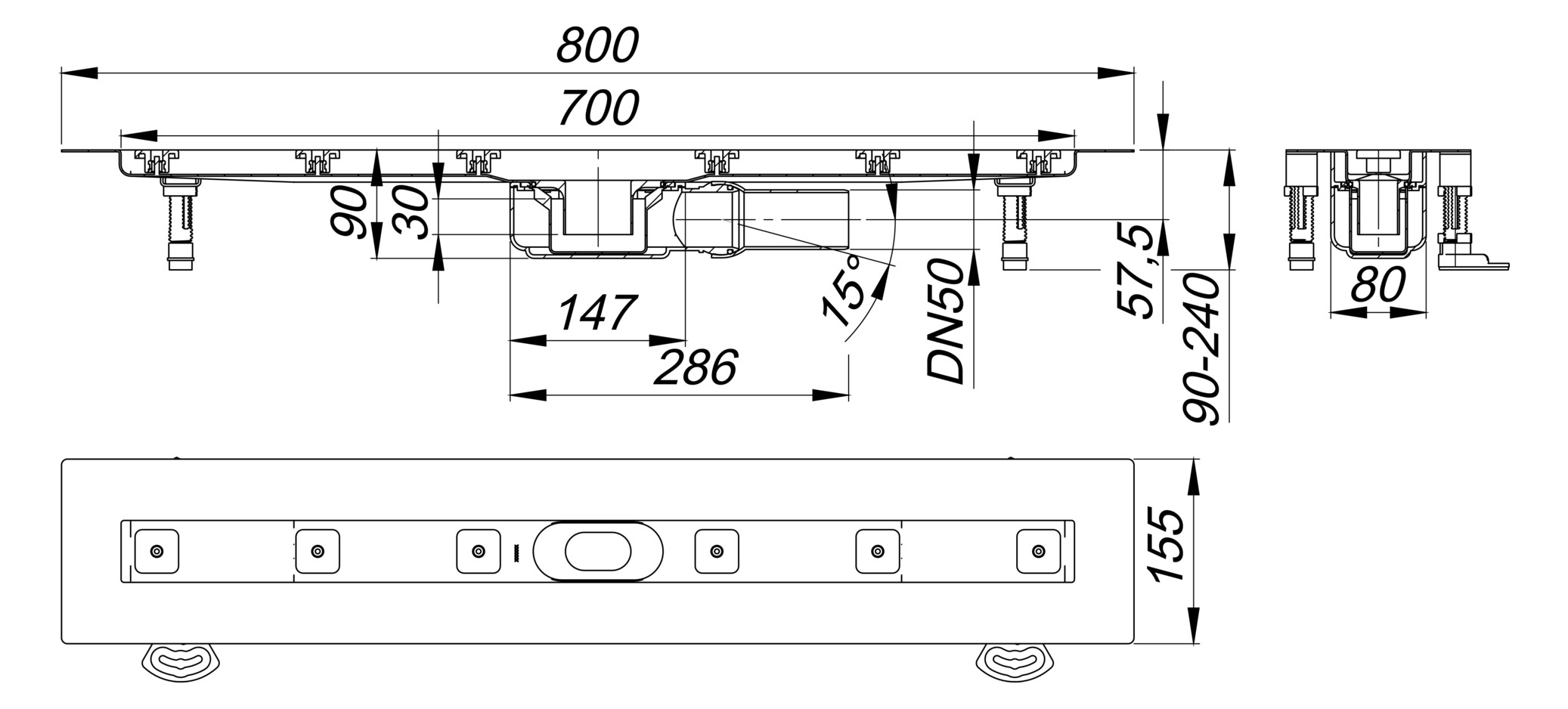 DALLMER Duschrinne CeraLine Plan F 700 mm BH 90 mm mit 1 Ablaufgehäuse, Fläche 523037 - Bild 2