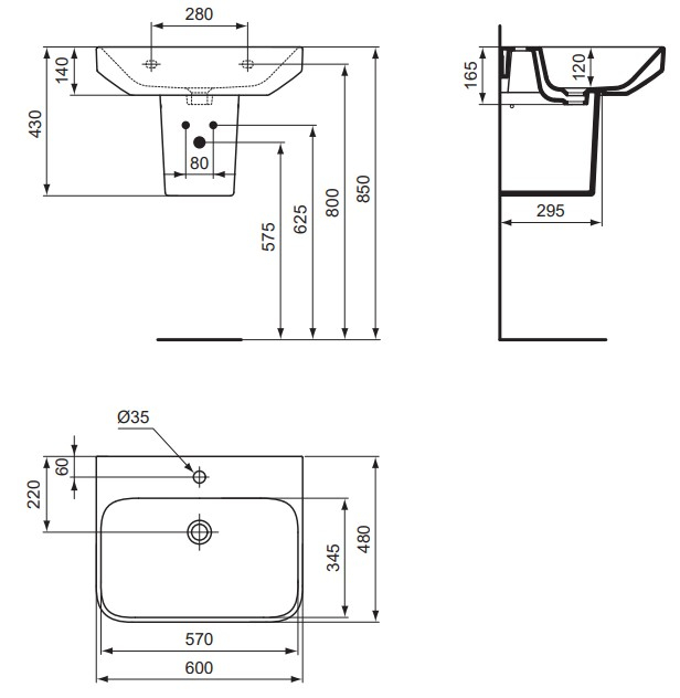 VIGOUR Waschtisch derby V3 plus 60x48cm PflegetectPlus weiss ohne Überlauf, mit Hahnloch