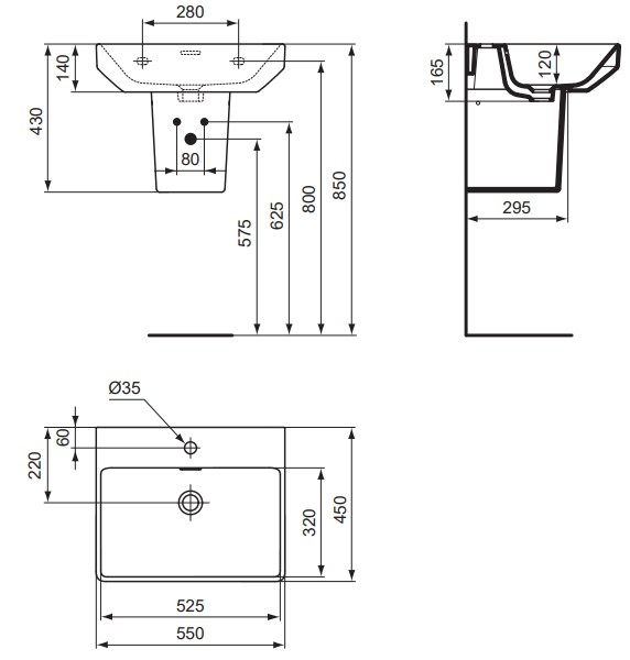 VIGOUR Waschtisch derby V3 edge 55x45cm PflegetectPlus weiss mit Hahnloch und Überlauf