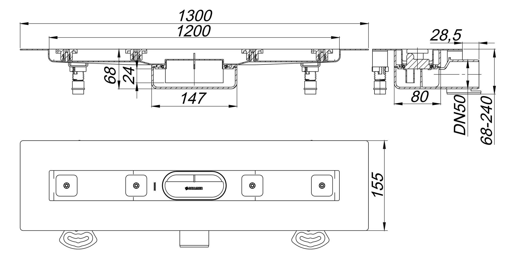 DALLMER Duschrinne CeraLine Nano F 1200 mm BH 68 mm mit 1 Ablaufgehäuse, Fläche 523792 - Bild 2