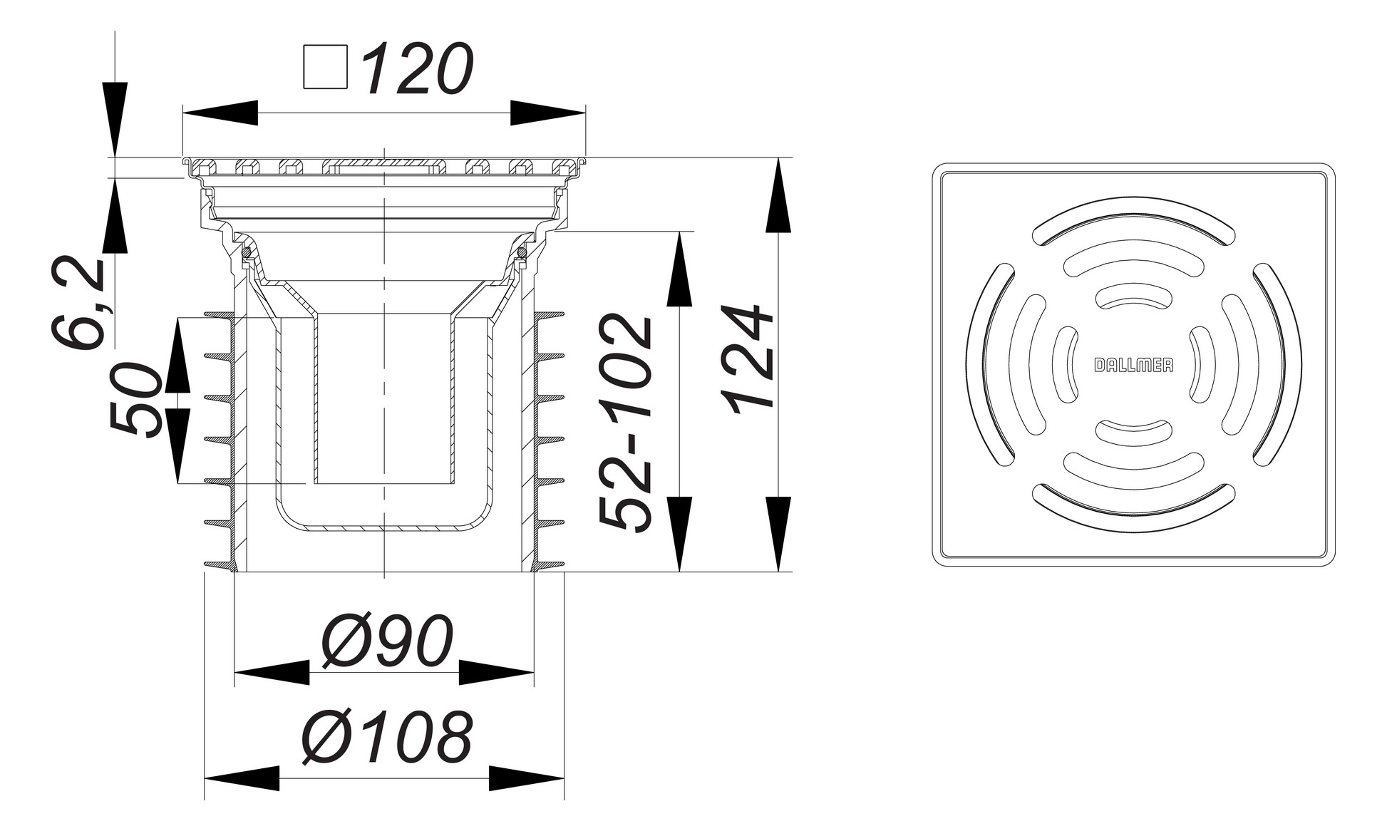 DALLMER Bodenablauf Pronto DN 100 zum Einstecken Edelstahl-Rost 120x120 mm 700063 - Bild 2