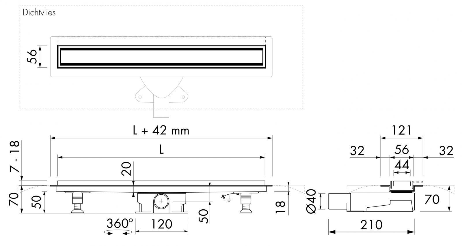 VIGOUR Duschrinne individual Edelstahl 1200 mm mit Wandadaper, inkl. Füße, 2 Siphons, Spwh.50mm - Bild 2