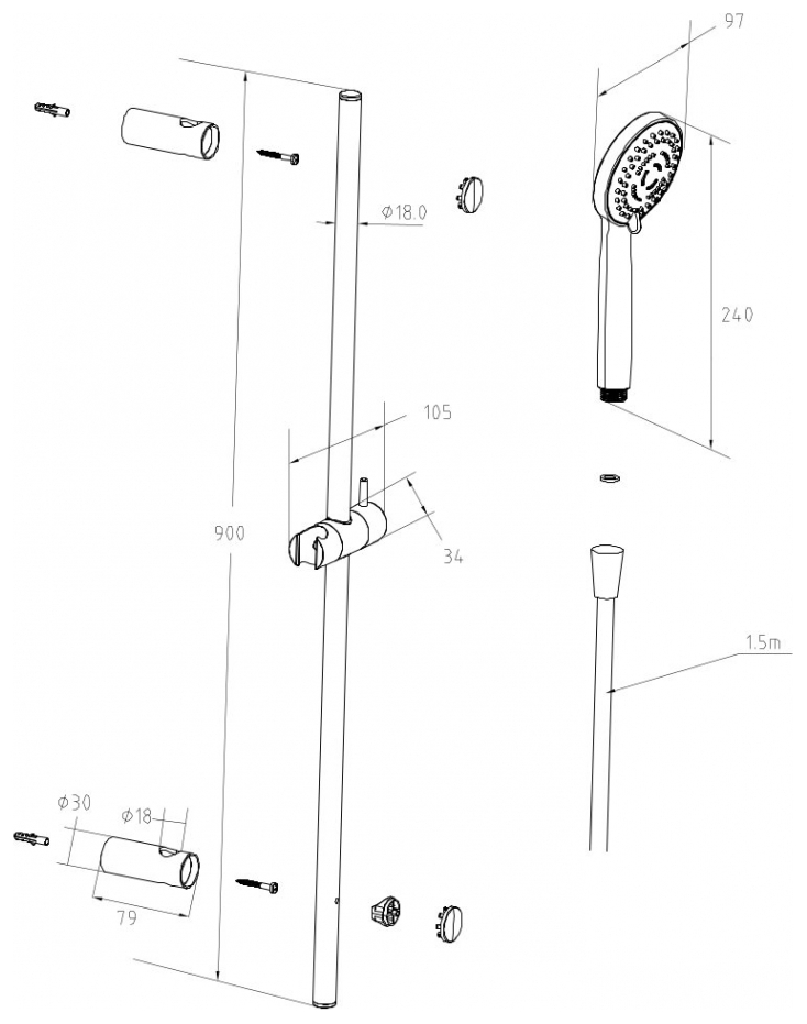 VIGOUR Brausegarnitur individual 1.0 mit Stange 90 cm Schlauch, Handbrause, Mehrstrahlig, verchromt - Bild 2