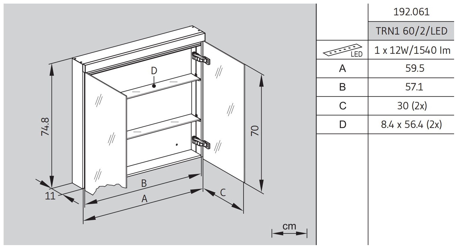 TRINNITY LED-Spiegelschrank 2-türig 600x748x120/135, dimmbar 4000K, aus Aluminium weiß beschichtet
