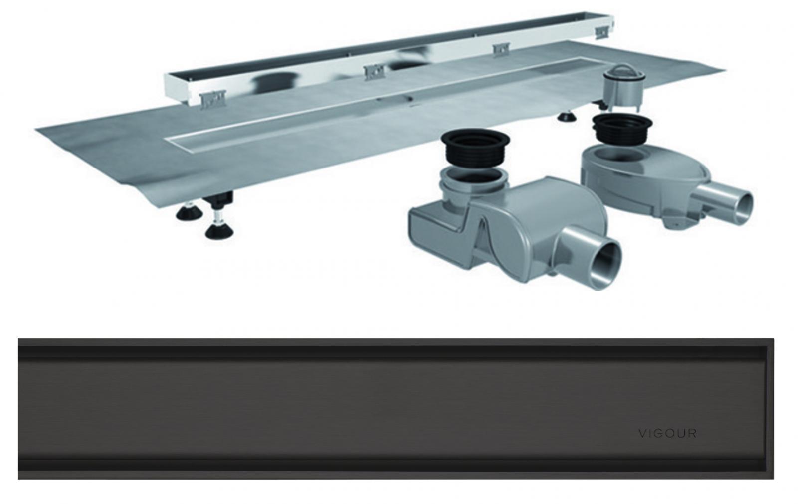 VIGOUR Duschrinne individual 3.0 Edelstahl 900 mm, Abdeckung matt schwarz, Füße und 2 Siphons - Bild 1