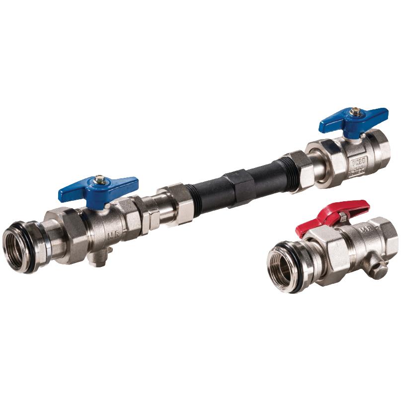 Empur 1/2'' WMZ-Anschluss-Set Durchgang, komplett vormontiert f.Verteiler 1'' mit Kugelhähne 721017 - Bild 1