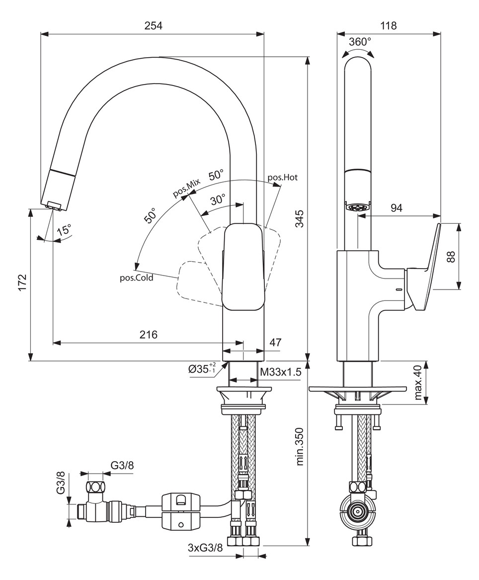 Ideal Standard Ceraplan Niederdruck Küchenarmatur Chrom Ausladung 216mm BD337AA - Bild 5