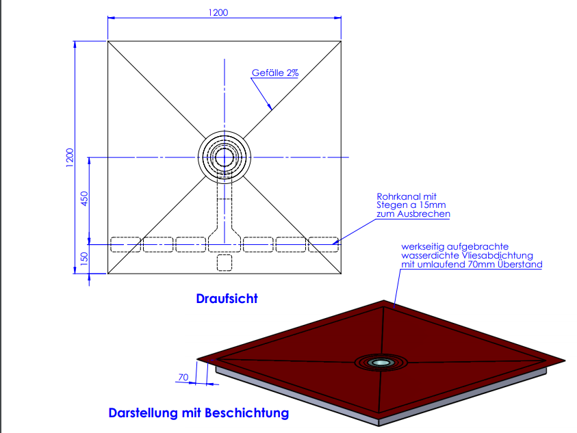 VIGOUR Duschelement individual 2.0, 120x120cm extraflach Ablauf mittig rollstuhlbefahrbar - Bild 2