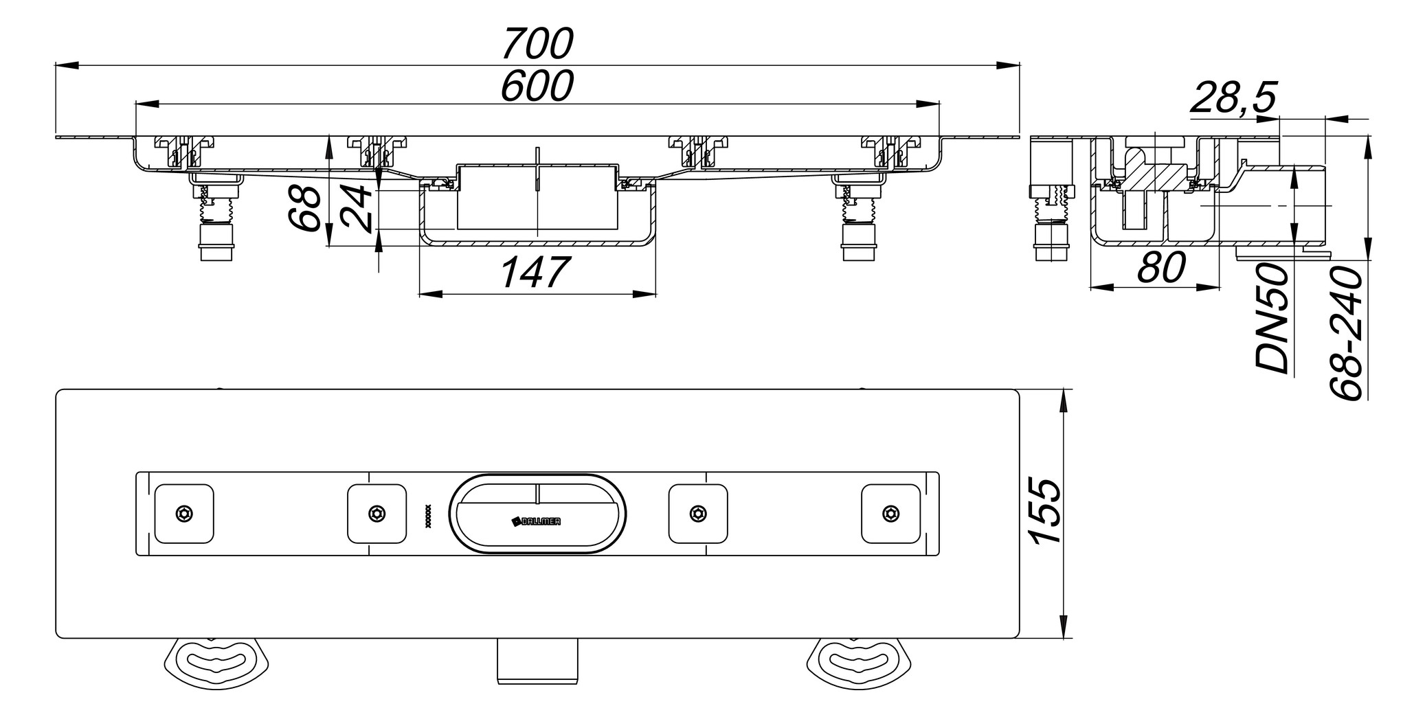 DALLMER Duschrinne CeraLine Nano F 600 mm BH 68 mm mit 1 Ablaufgehäuse, Fläche 523495 - Bild 2