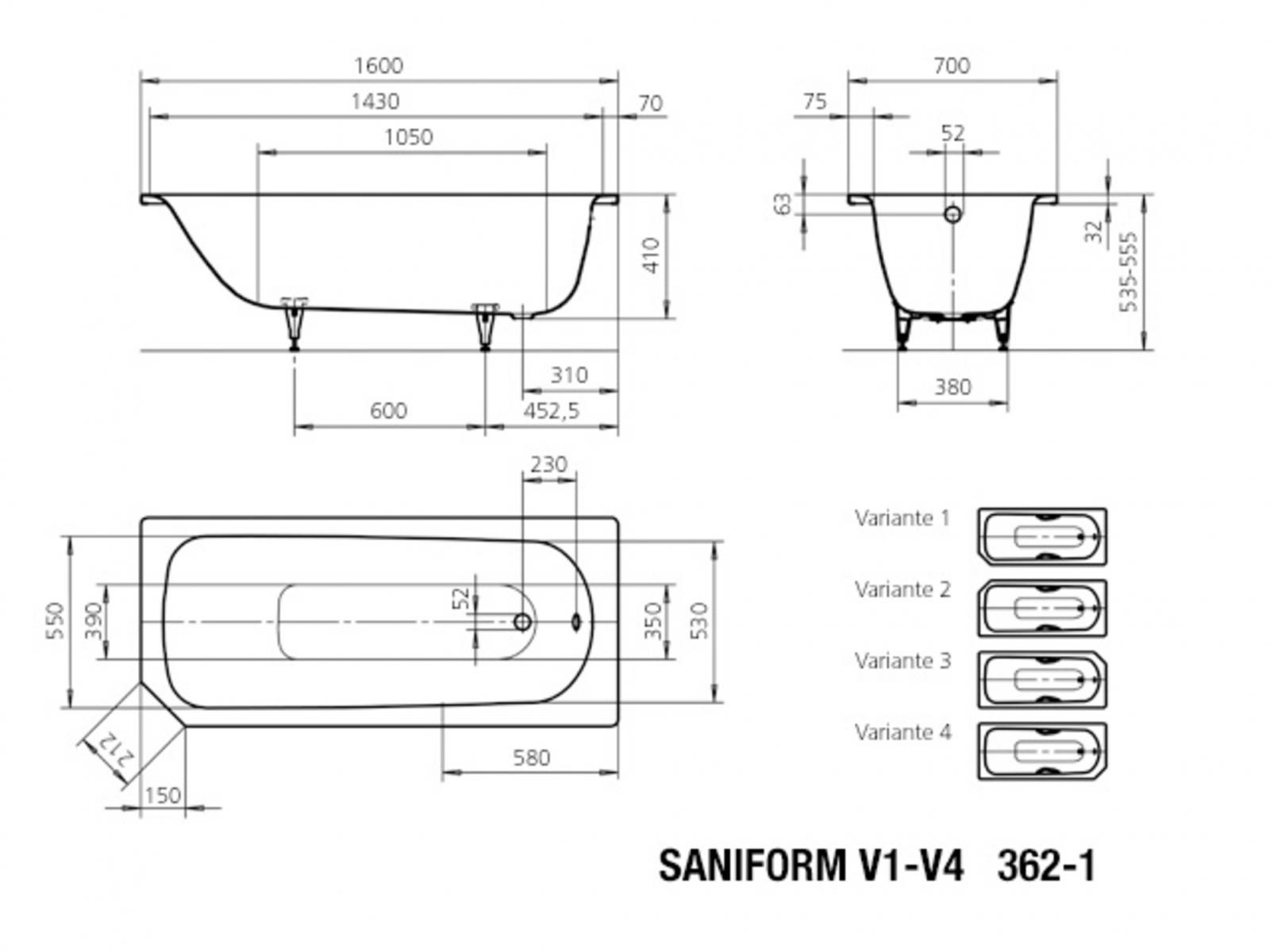 Kaldewei Saniform V2 Badewanne 160x70 cm Modell 362-1 Stahl-Email weiss inklusive Träger - Bild 4
