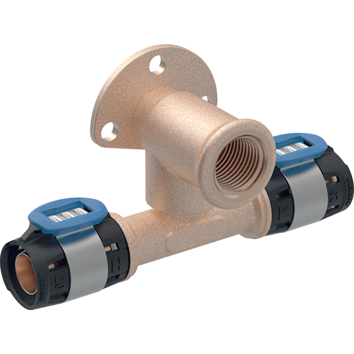 Geberit FlowFit T-Anschlusswinkel 90° abgesetzt 20mm x Rp 1/2'' x 20mm L:52mm Rotguss+ 620.981.00.1 - Bild 1