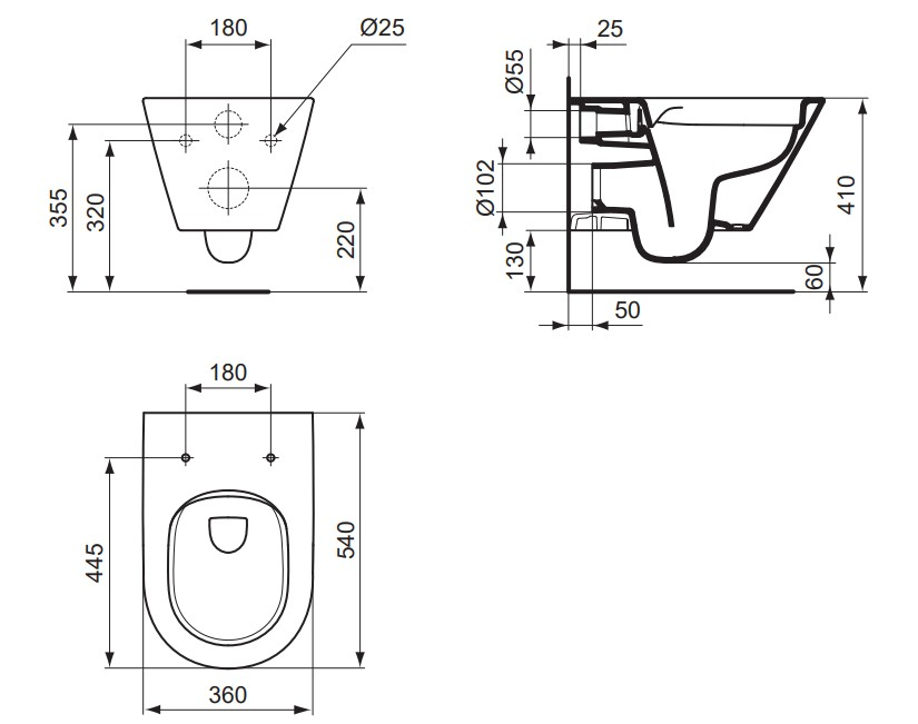 VIGOUR Wand-Tiefspül-WC derby V3 PflegetectPlus weiss, spülrandlos, offene Befestigung