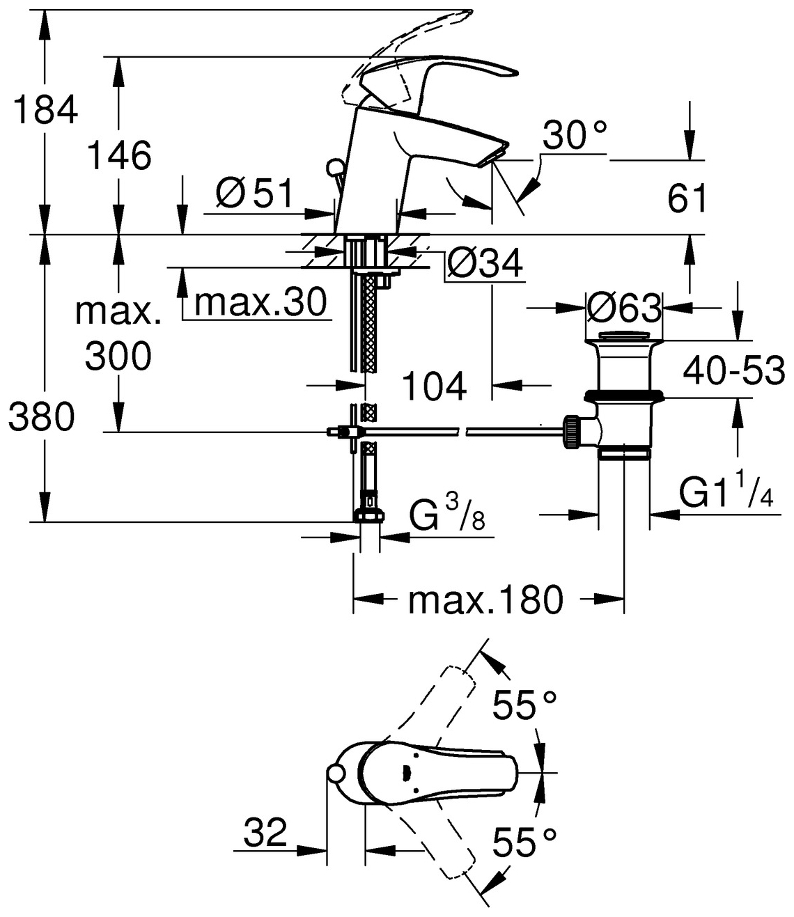 GROHE Eurosmart Waschtischbatterie chrom mit Zustangen-Ablaufgarnitur 33265002 - Bild 6